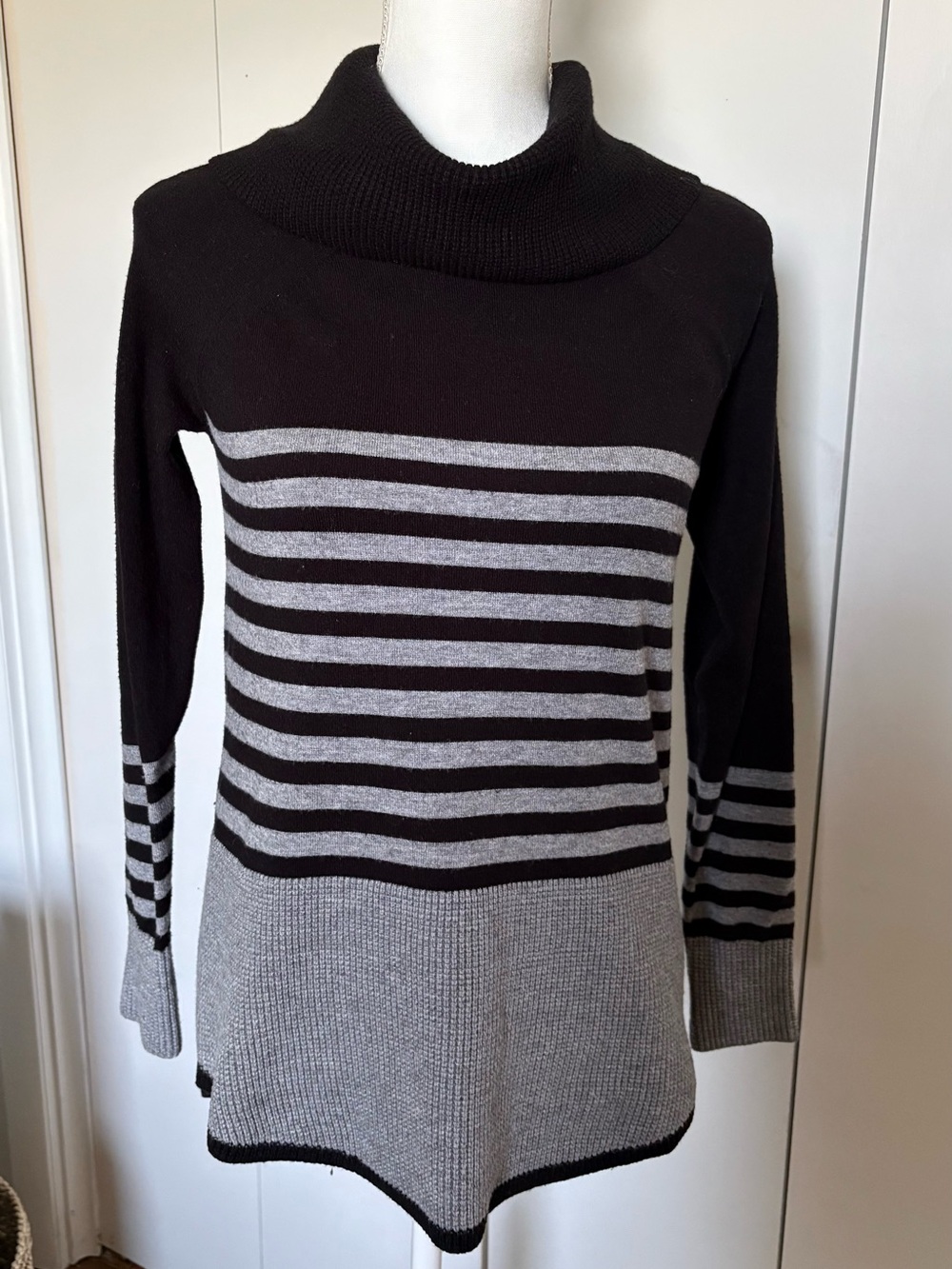Cyrus Black and Gray Striped Cowl Neck Sweater